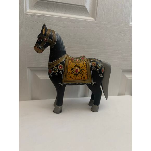 Vintage Painted Wooden Horse Statue India Folk Art Boho Decor - Picture 12 of 13
